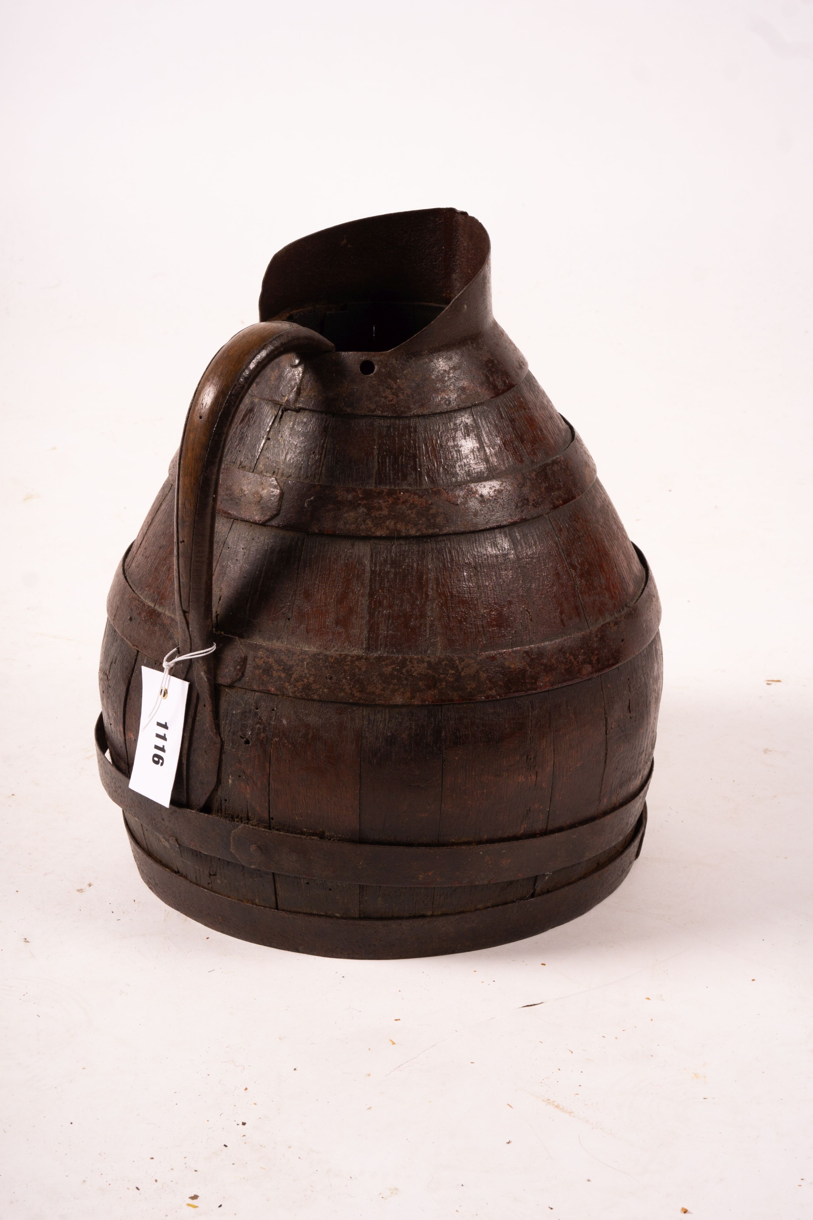 A Victorian iron bound staved oak jug, height 36cm, an amphora style pottery vase and a copper warming pan